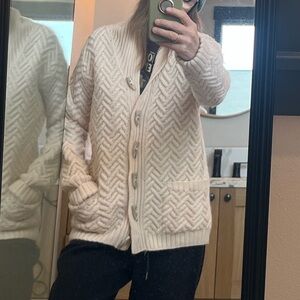 Nordic Design 100% Wool Cream Chunky Knit Button-Up Fisherman Cardigan Sweater